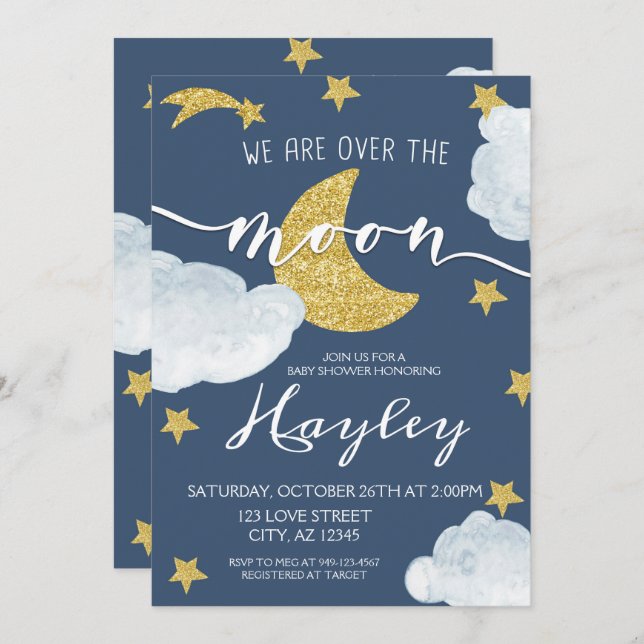 Steel Blue We are Over the Moon Baby Shower Invitation (Front/Back)