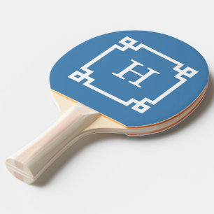 Steel Blue Wht Greek Key Frame #2 Initial Monogram Ping Pong Paddle