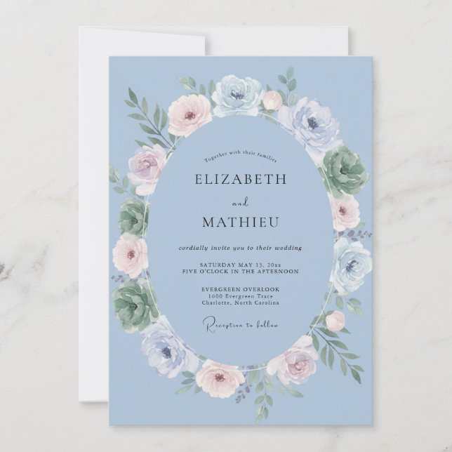 Steel Blue Wreath Wedding Invitation (Front)