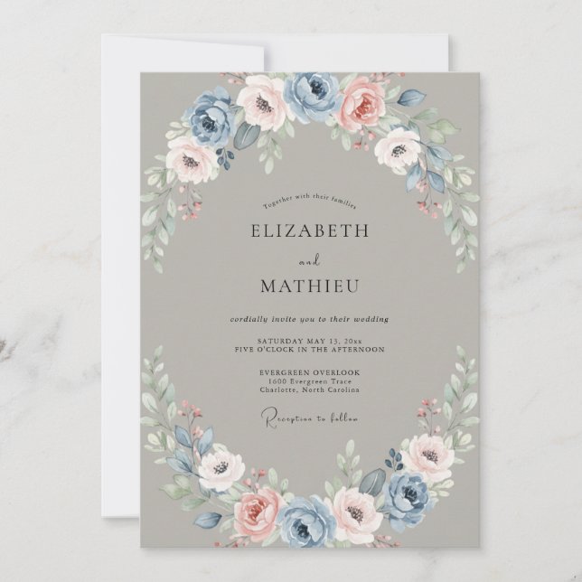 Steel Blush Ranunculus Eucalyptus Wedding Invitation (Front)