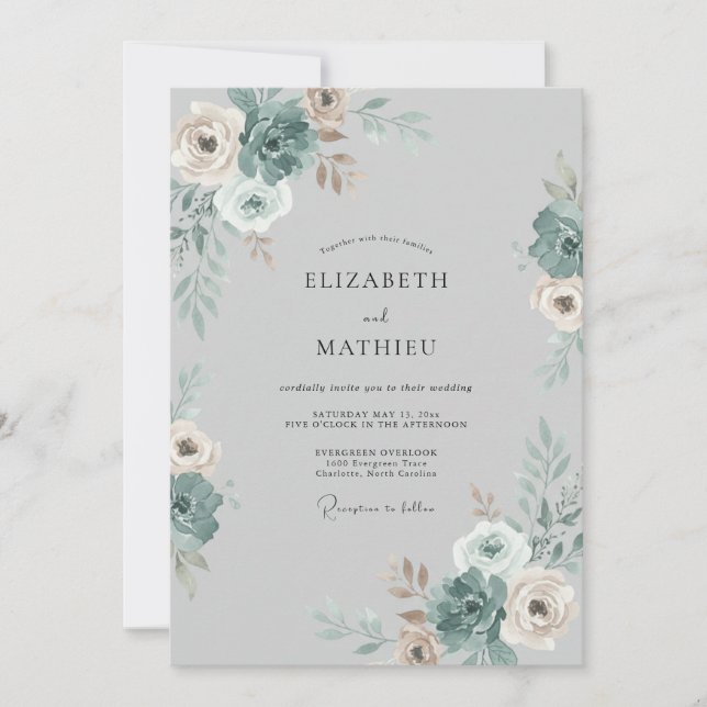 Steel Champagne Peony Wedding Invitation (Front)