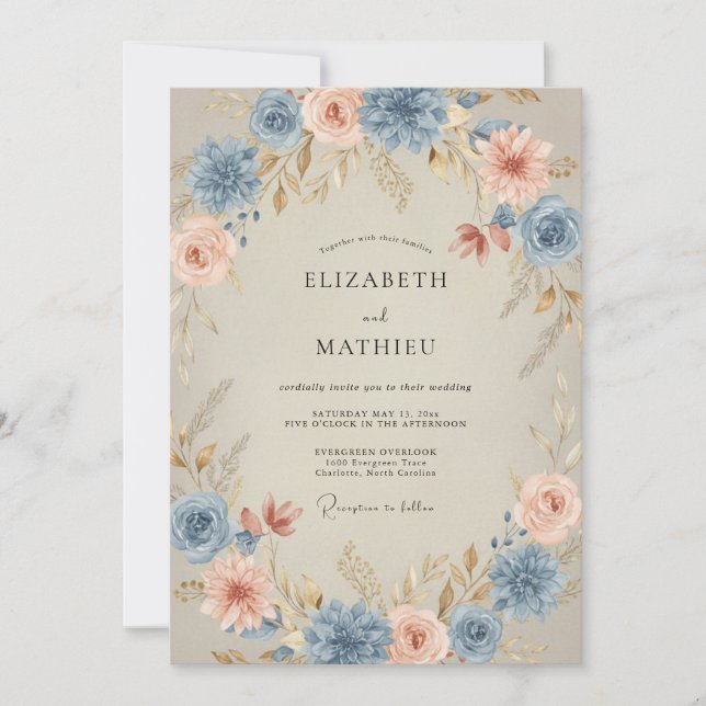Steel Coral Peony Wedding Invitation (Front)