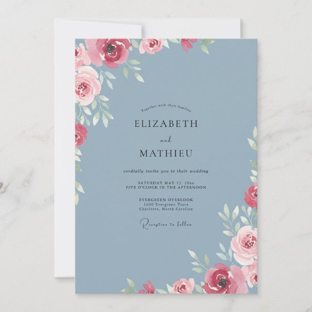 Steel Crimson Bloom Wedding Invitation (Front)