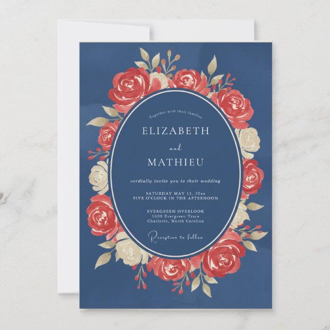 Steel Crimson Wreath Wedding Invitation (Front)