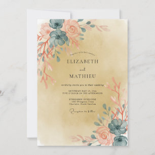 Steel Dusty Peach Leaf Wedding Invitation