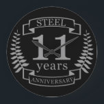 Steel Eleventh wedding anniversary 11 years Large Clock<br><div class="desc">A design to celebrate 11 years of marriage. This design has a grey (steel) coloured laurel design on a black background. Steel is the traditional gift for this occasion. The text reads Steel 11 years anniversary. A romantic design to celebrate your 11th year of marriage. If you would like any...</div>