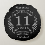 Steel Eleventh wedding anniversary 11 years Round Cushion<br><div class="desc">A design to celebrate 11 years of marriage. This design has a grey (steel) coloured laurel design on a black background. Steel is the traditional gift for this occasion. The text reads Steel 11 years anniversary. A romantic design to celebrate your 11th year of marriage. If you would like any...</div>