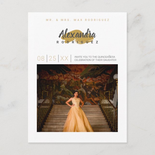 Steel Grey and Gold Photo Quinceanera Invitation Postcard (Front)