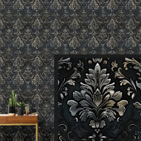 Steel Grey Bronze on Black Dramatic Gothic Damask