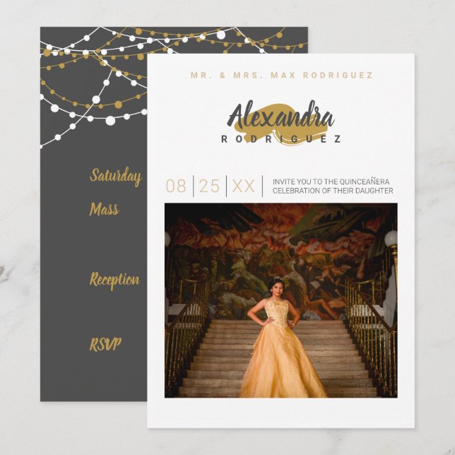 Steel Grey & Gold Photo Quinceanera Invitation (Front/Back)