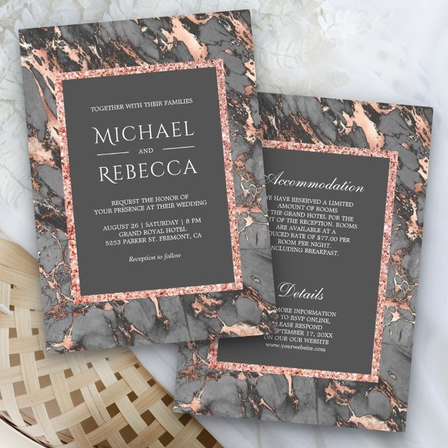 Steel Grey Marble Rose Gold All in One Wedding Invitation (Creator Uploaded)