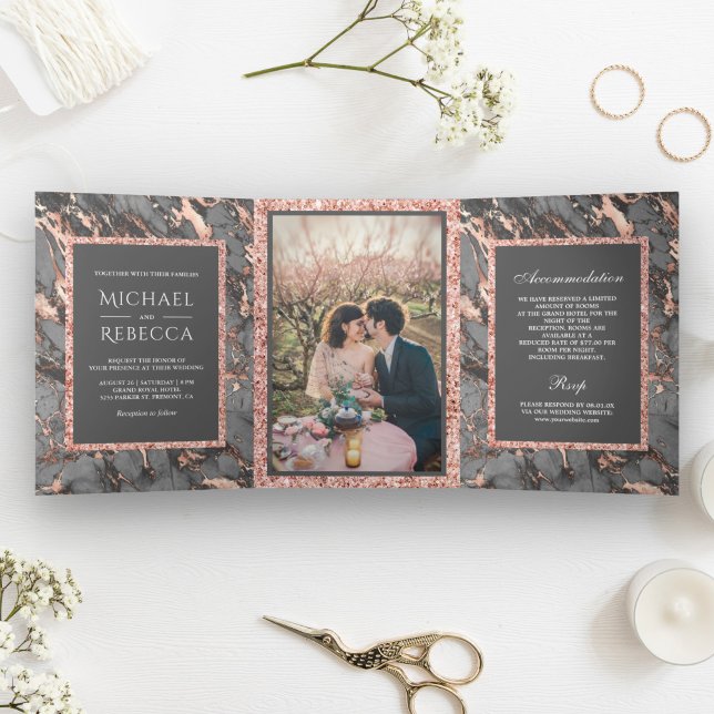 Steel Grey Marble Rose Gold Glitter Photo Wedding Tri-Fold Invitation (Creator Uploaded)