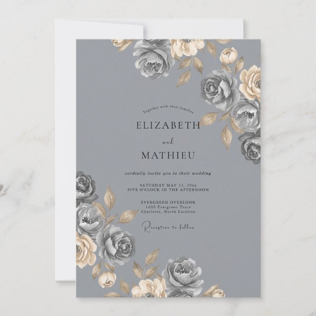 Steel Grey Rose Wedding Invitation (Front)