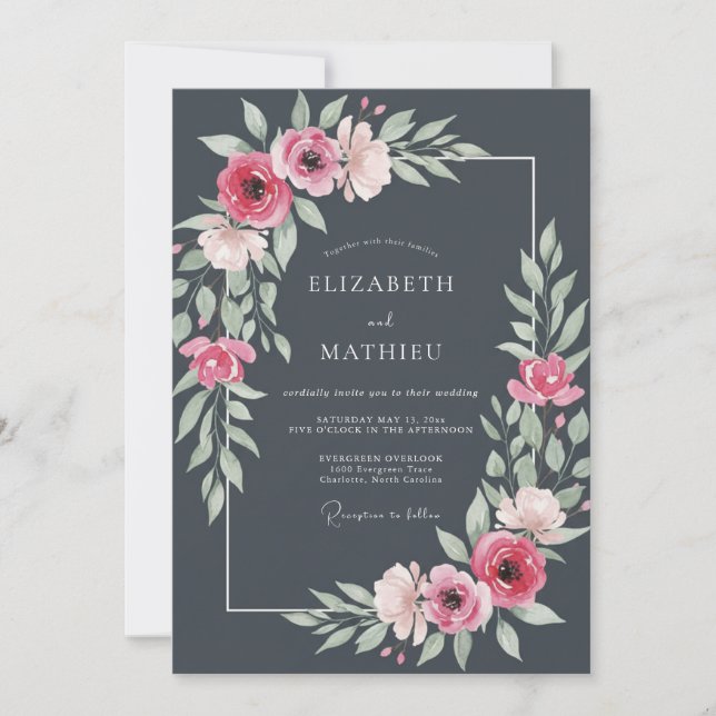 Steel Grey Sophisticated Botanical Wedding Invitation (Front)