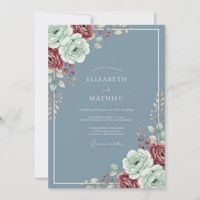 Steel Maroon Ranunculus Eucalyptus Wedding Invitation (Front)