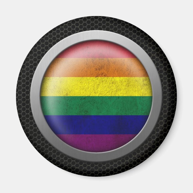 Steel Mesh Gay Pride Rainbow Flag Disc Graphic Magnet (Front)