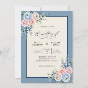 Steel Muted Blue Peony Wedding Invitation