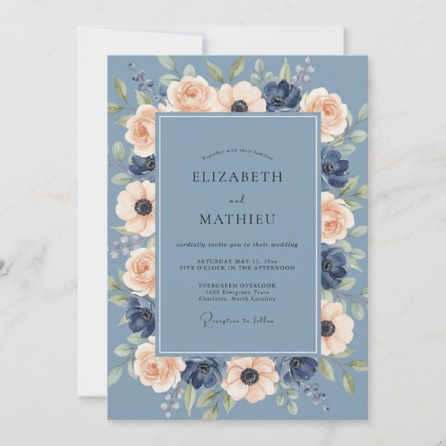 Steel Navy Ranunculus Eucalyptus Wedding Invitation (Front)