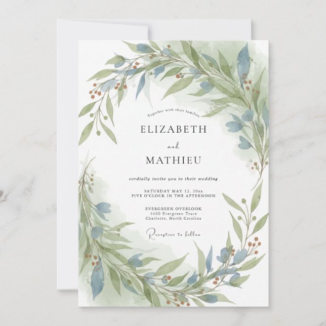 Steel Olive Foliage Eucalyptus Wedding Invitation (Front)