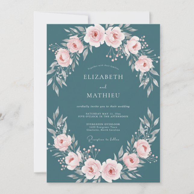 Steel Pale Blush Wreath Wedding Invitation (Front)