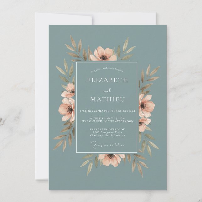 Steel Peach Foliage Eucalyptus Wedding Invitation (Front)