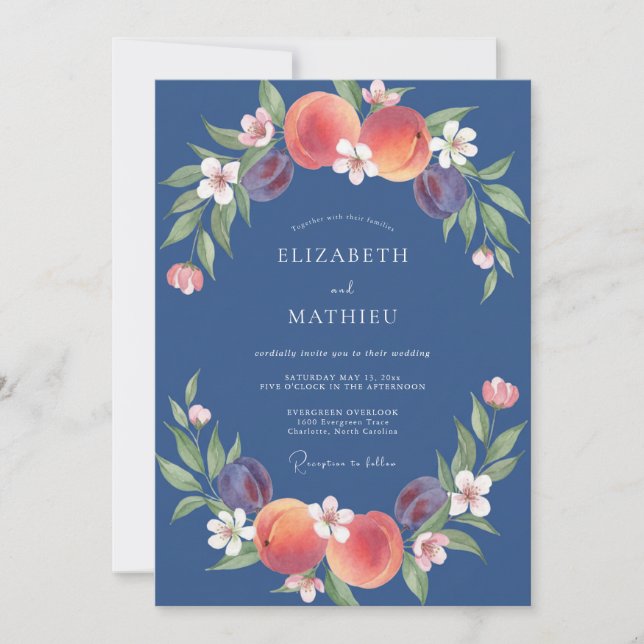 Steel Peach Fruit Eucalyptus Wedding Invitation (Front)