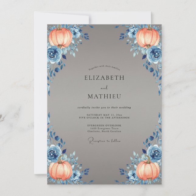Steel Peach Pumpkin Eucalyptus Wedding Invitation (Front)