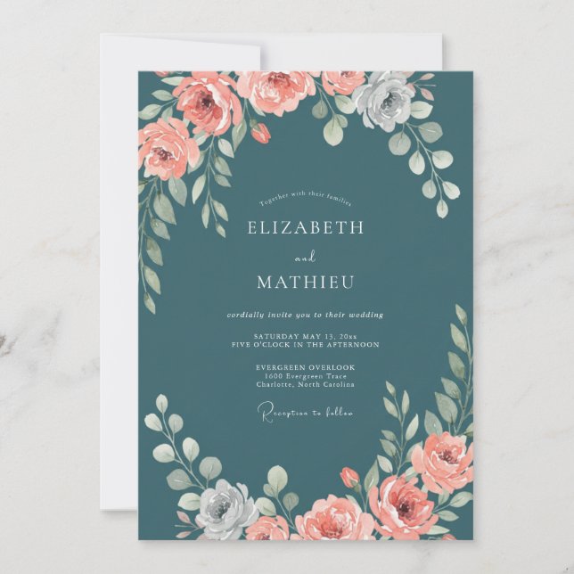 Steel Peach Ranunculus Eucalyptus Wedding Invitation (Front)