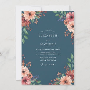 Steel Peach Ranunculus Muted Eucalyptus Wedding Invitation