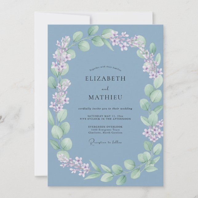 Steel Periwinkle Wreath Wedding Invitation (Front)