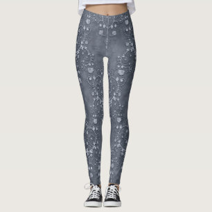 Steel/Pewter Grey and Light Grey Floral Damask Leggings