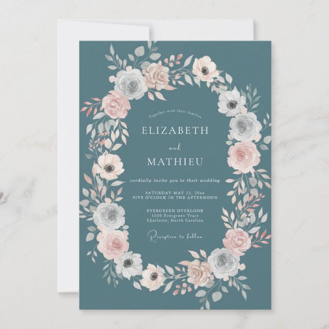 Steel Teal Wreath Wedding Invitation (Front)
