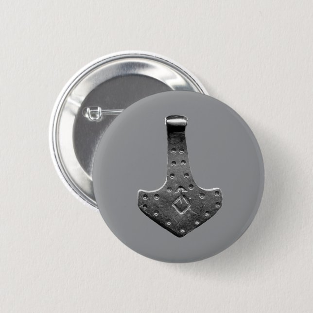Steel Thor's Hammer grey round button (Front & Back)