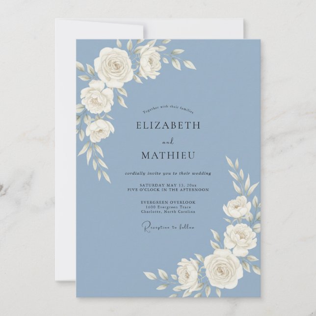 Steel White Ranunculus Eucalyptus Wedding Invitation (Front)