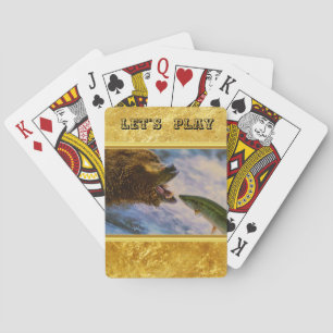 Steelhead salmon jumping into grizzly bears mouth playing cards