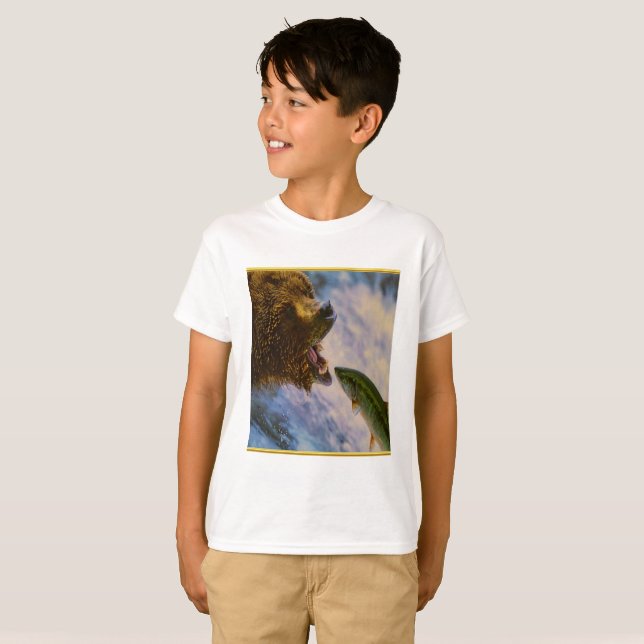 Steelhead salmon jumping into grizzly bears mouth T-Shirt (Front Full)