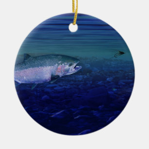 Steelhead taking a fly ceramic tree decoration
