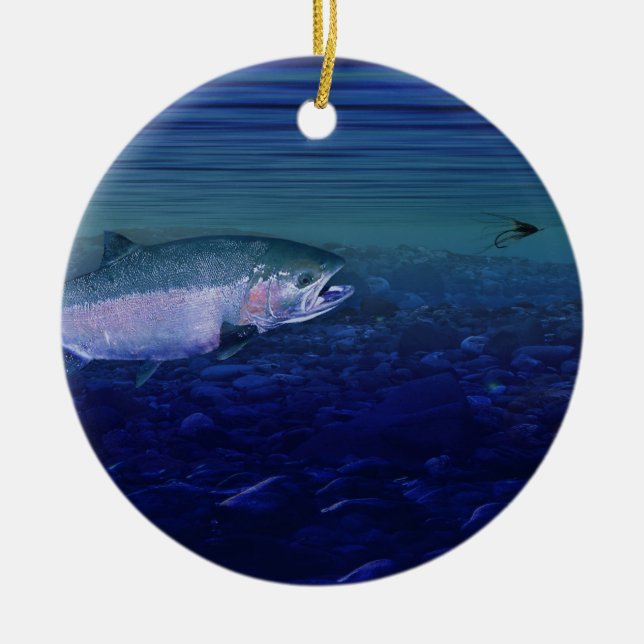 Steelhead taking a fly ceramic tree decoration (Front)