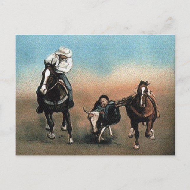 "Steer Wrestling" Art Reproduction Postcard (Front)