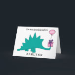 Stegosaurus Dinosaur Birthday Granddaughter Card<br><div class="desc">A stegosaurus dinosaur birthday granddaughter card with a Happy Birthday balloon attached to the present. You can easily personalise this girl's dinosaur birthday card with her name. Inside the birthday card reads "have a dino-mite birthday!" which you can also change if you'd like. The back reads "Happy Birthday 2018". Great...</div>