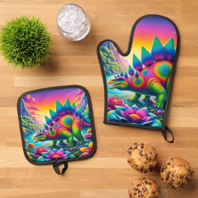 Stegosaurus  oven mitt & pot holder set (Top Down)