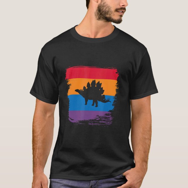 Stegosaurus Shadow Silhouette With Colourful Flag T-Shirt (Front)