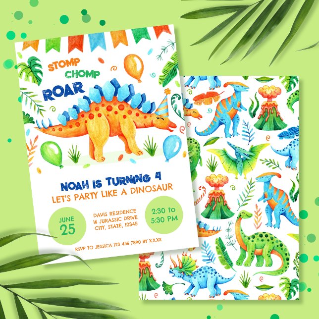 Stegosaurus Stomp Chomp and Roar Dinosaur Birthday Invitation (Party Like a Dinosaur Stegosaurus Boys Birthday Invitation)