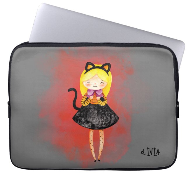 Stellalunarts Cute Girl Halloween Cat Laptop Sleeve (Front)