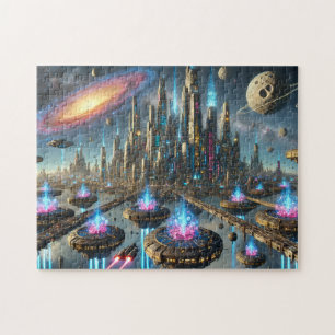 Stellar Cities Futuristic Neon Cityscape Jigsaw Puzzle
