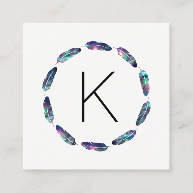 Stellar Feather Pattern with Monogram Square Business Card (Front)