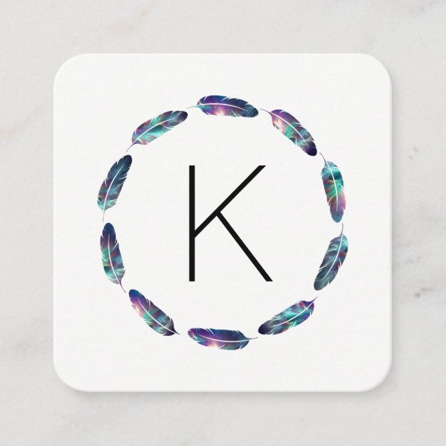 Stellar Feather Pattern with Monogram Square Business Card (Front)