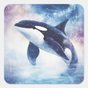 Stellar Orca Gliding in the Night Sky Square Sticker
