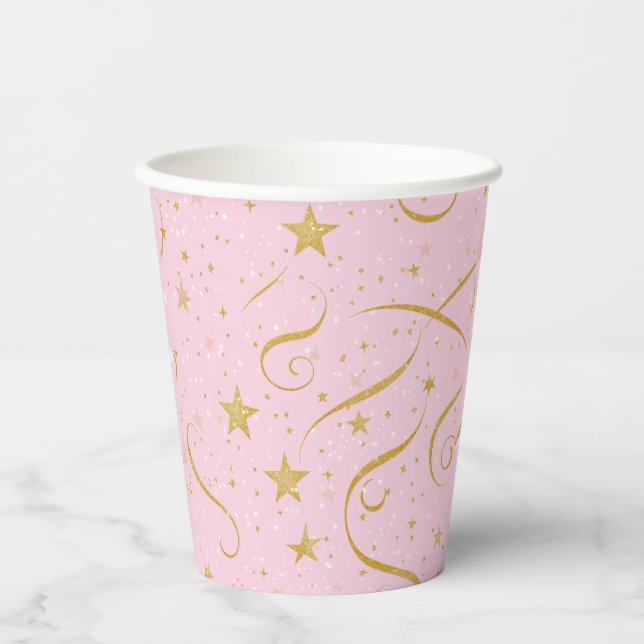 Stellar Sip – Pink & Gold Star Paper Cup (Front)