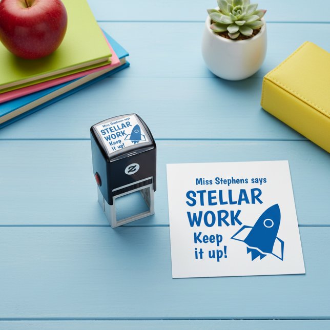 Stellar Work Keep It Up Custom Teacher Praise Self-inking Stamp (Teacher says STELLAR WORK! Keep it up! Personalized praise stamp for teachers.)
